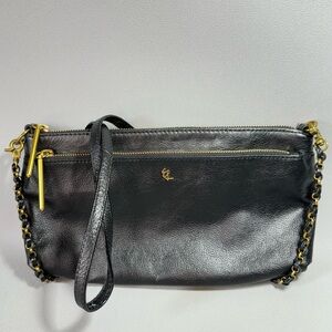 Elliott Lucca Black Leather Gold-Tone Chain and Leather Braided Strap Crossbody